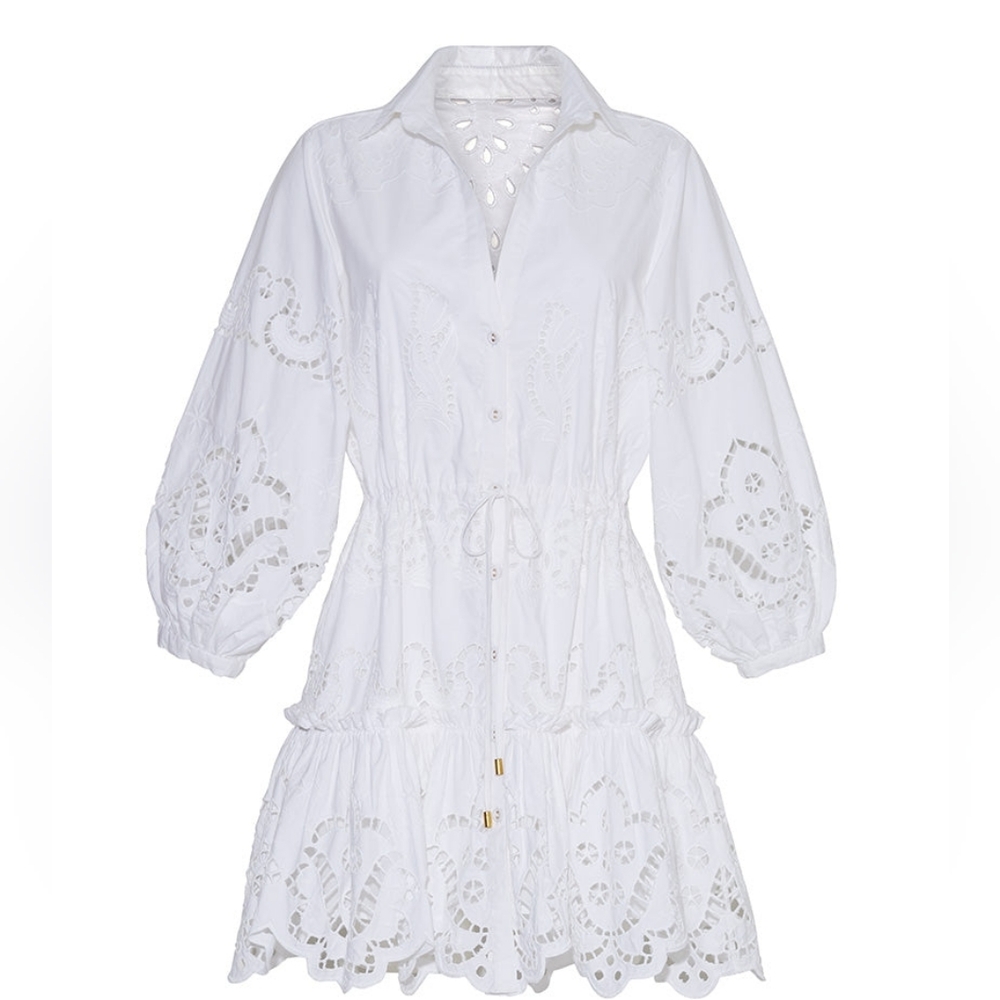 Cara Cara 'Robin' White Eyelet Embroidered 3/4 Sleeve Fit+Flare Dress - Size M